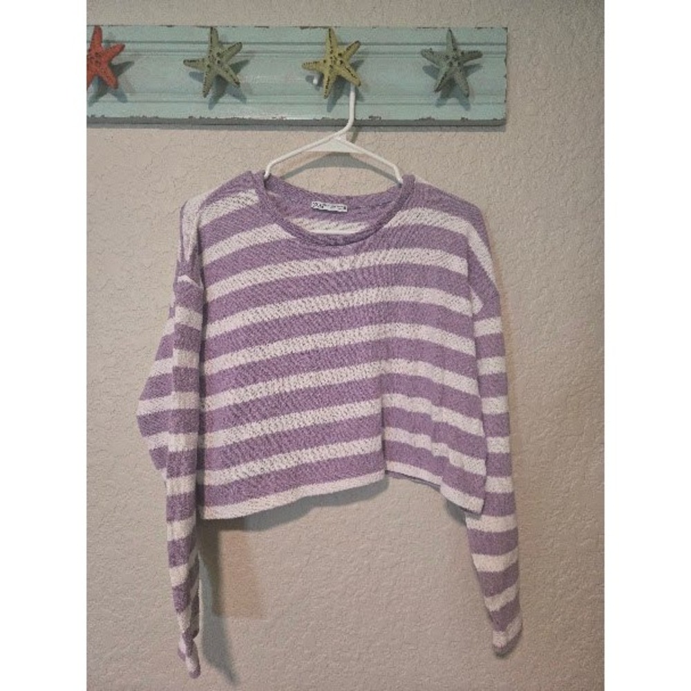 Zara Purple White Striped Cropped Sweater Womens Medium Crew Neck Long Sleeve